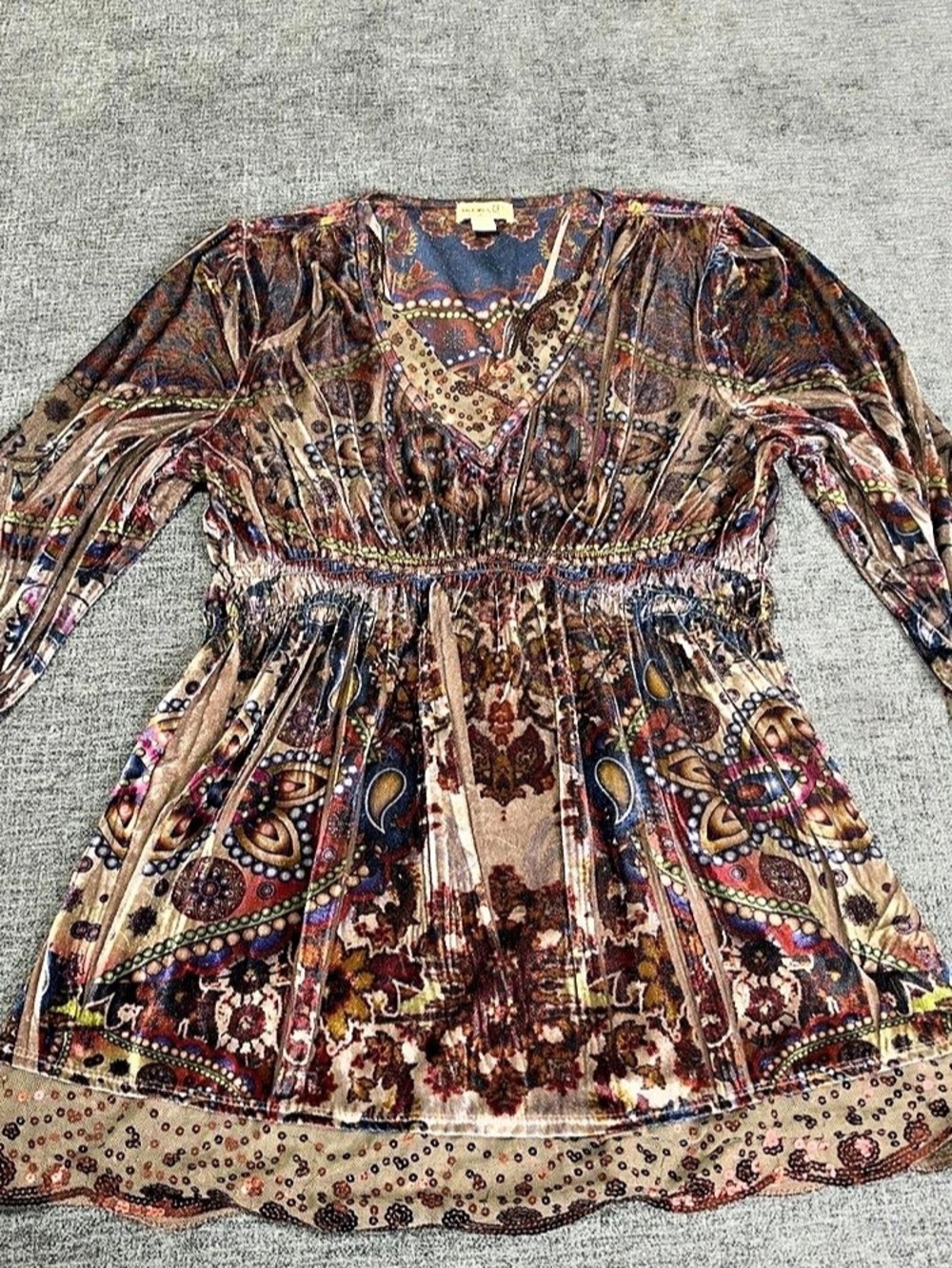 One World Womens Large Velour Tunic Blouse Paisley Sequin Boho V-Neck Top